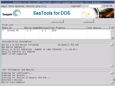 Ventana principal del panel de control de la utilidad para reparación de discos duros de Seagate SeaTools para DOS